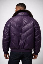 Men's Purple Leather V-Bomber Jacket - Back