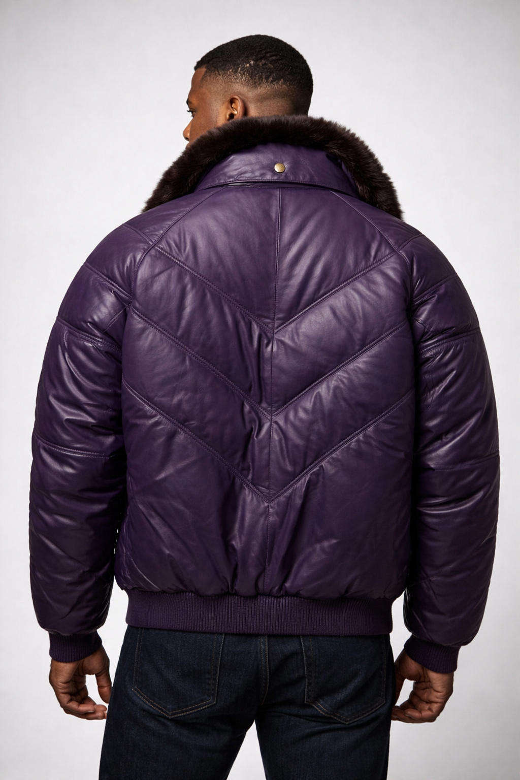 Men's Purple Leather V-Bomber Jacket - Back