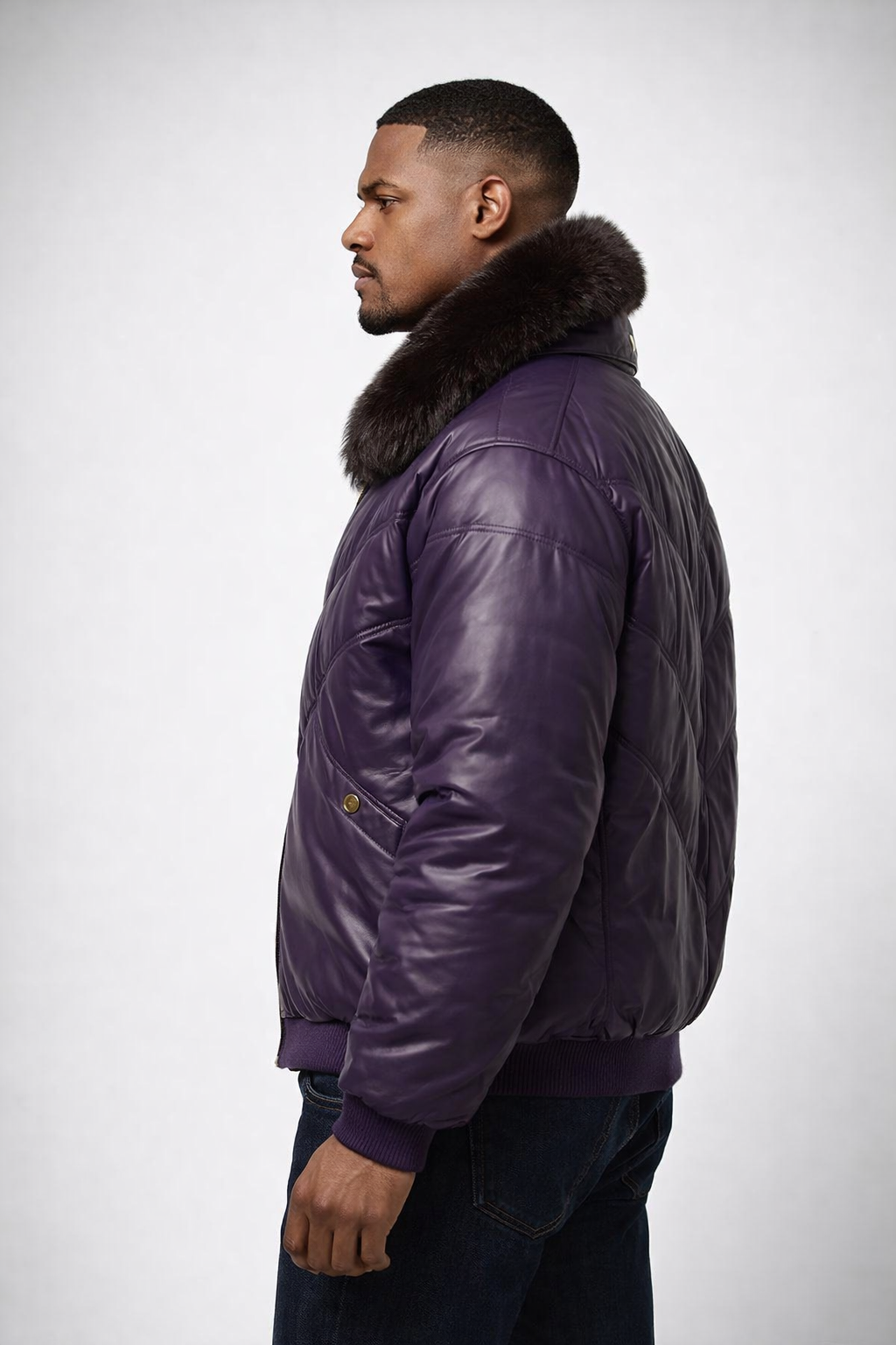 Men's Purple Leather V-Bomber Jacket - Left