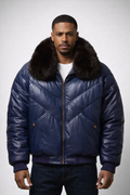 Men's Navy Blue V-Bomber Leather Jacket - Front