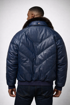 Men's Navy Blue V-Bomber Leather Jacket - Back