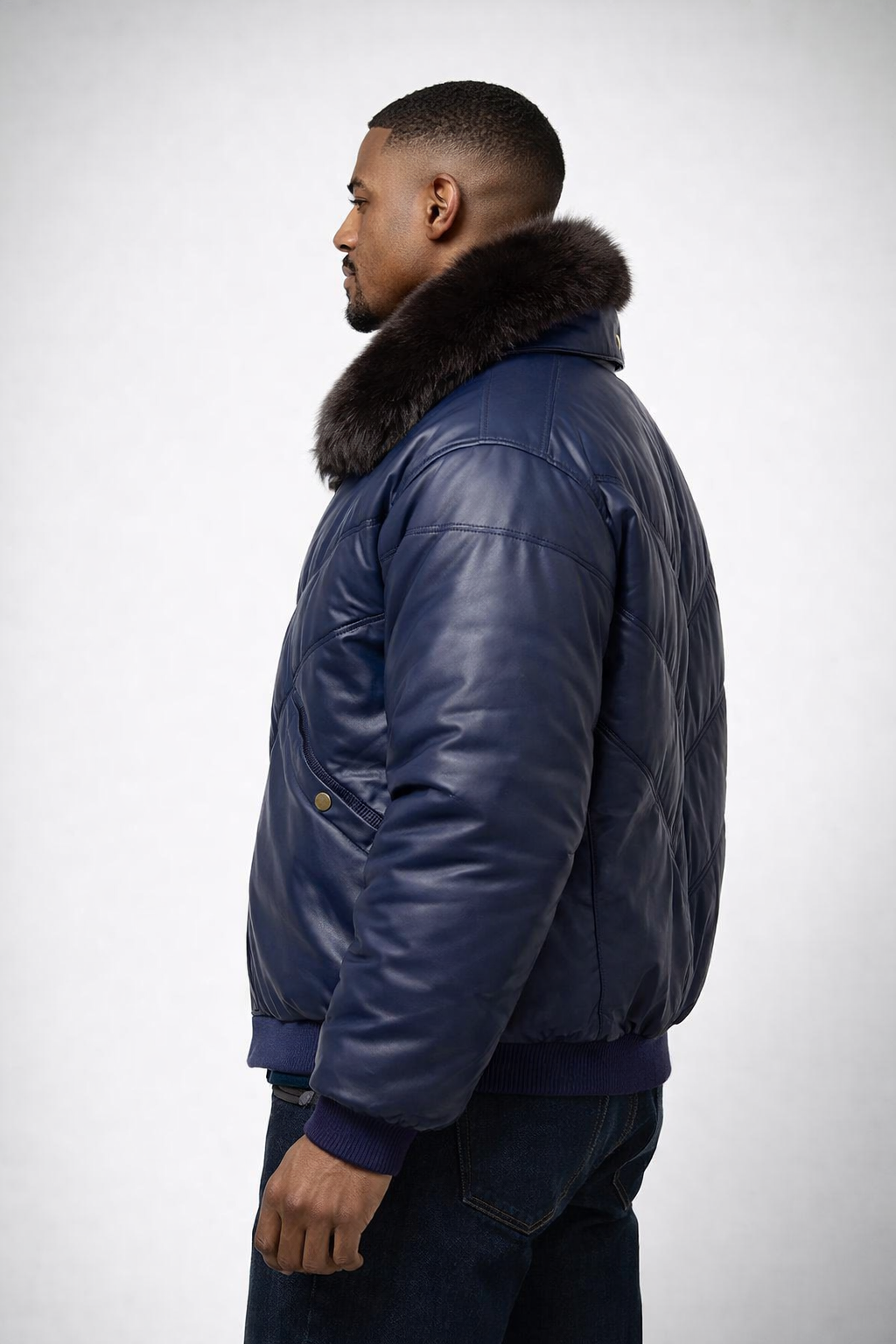 Men's Navy Blue V-Bomber Leather Jacket - Left