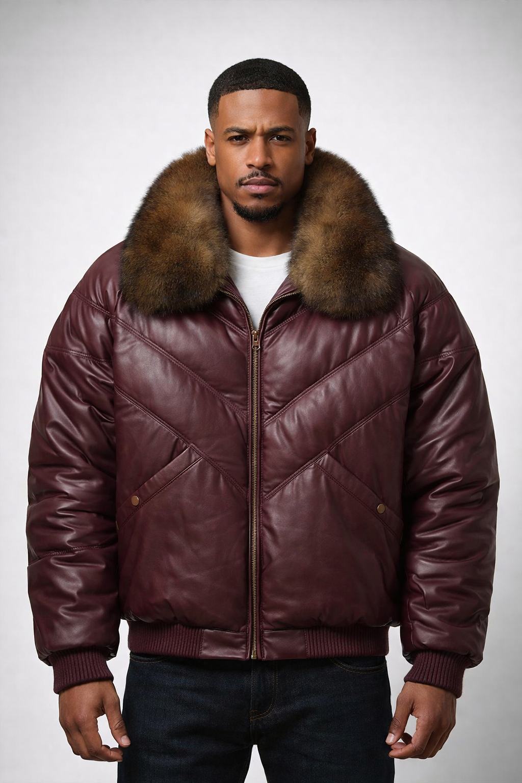 Men's Burgundy Fur V-Bomber Leather Jacket - Front