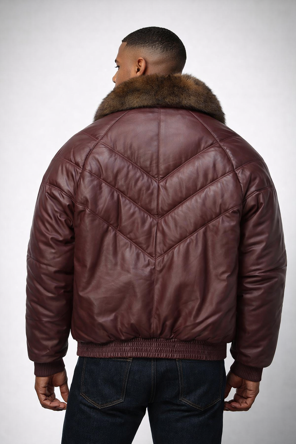 Men's Burgundy Fur V-Bomber Leather Jacket - Back
