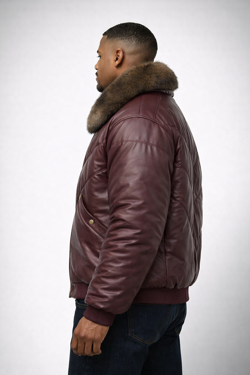 Men's Burgundy Fur V-Bomber Leather Jacket - Left