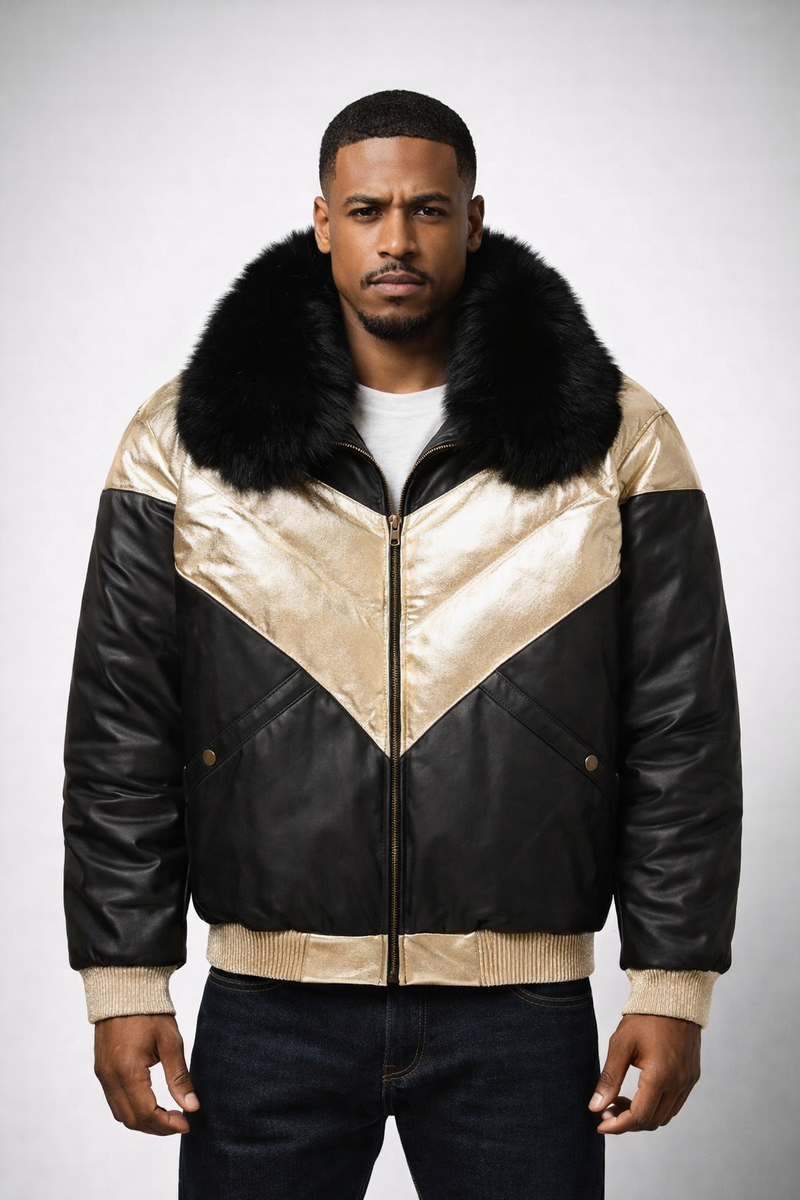 Men's Lambskin Leather V-Bomber Jacket - Front