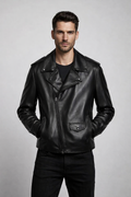 Men's Black Moto Racer Biker Leather Jacket - Front