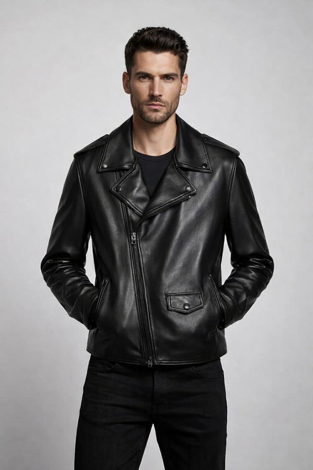 Men's Black Moto Racer Biker Leather Jacket - Front