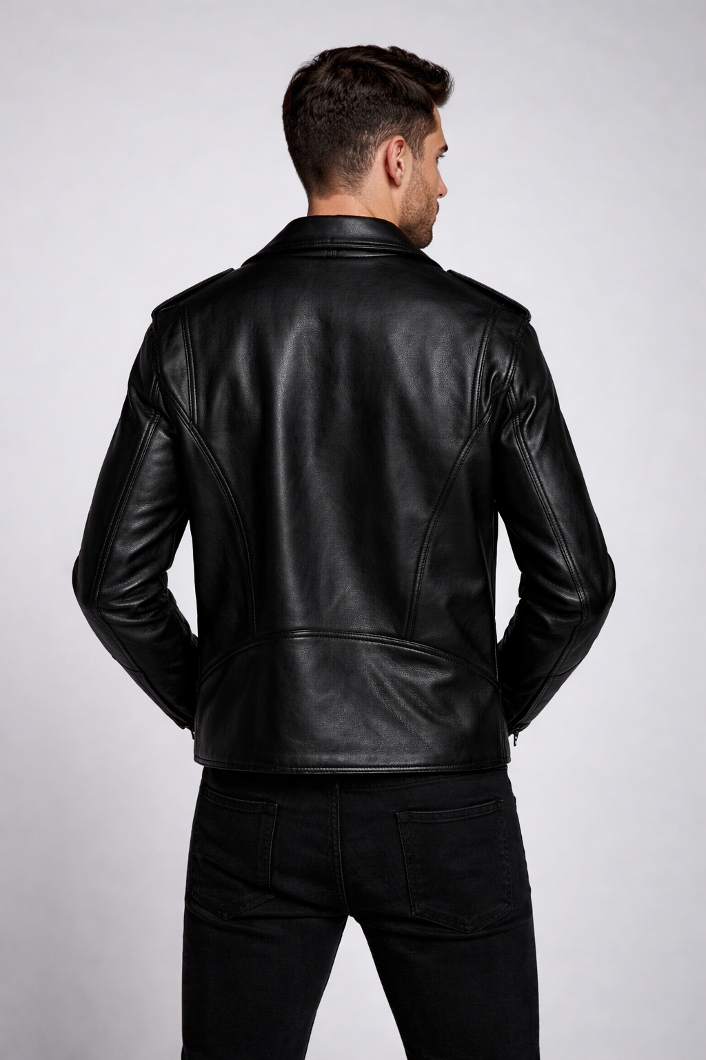 Men's Black Moto Racer Biker Leather Jacket - Back