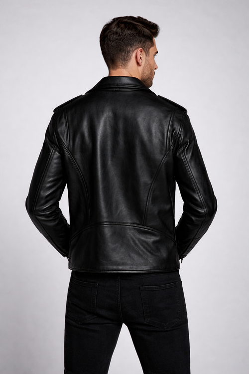 Men's Black Moto Racer Biker Leather Jacket - Back
