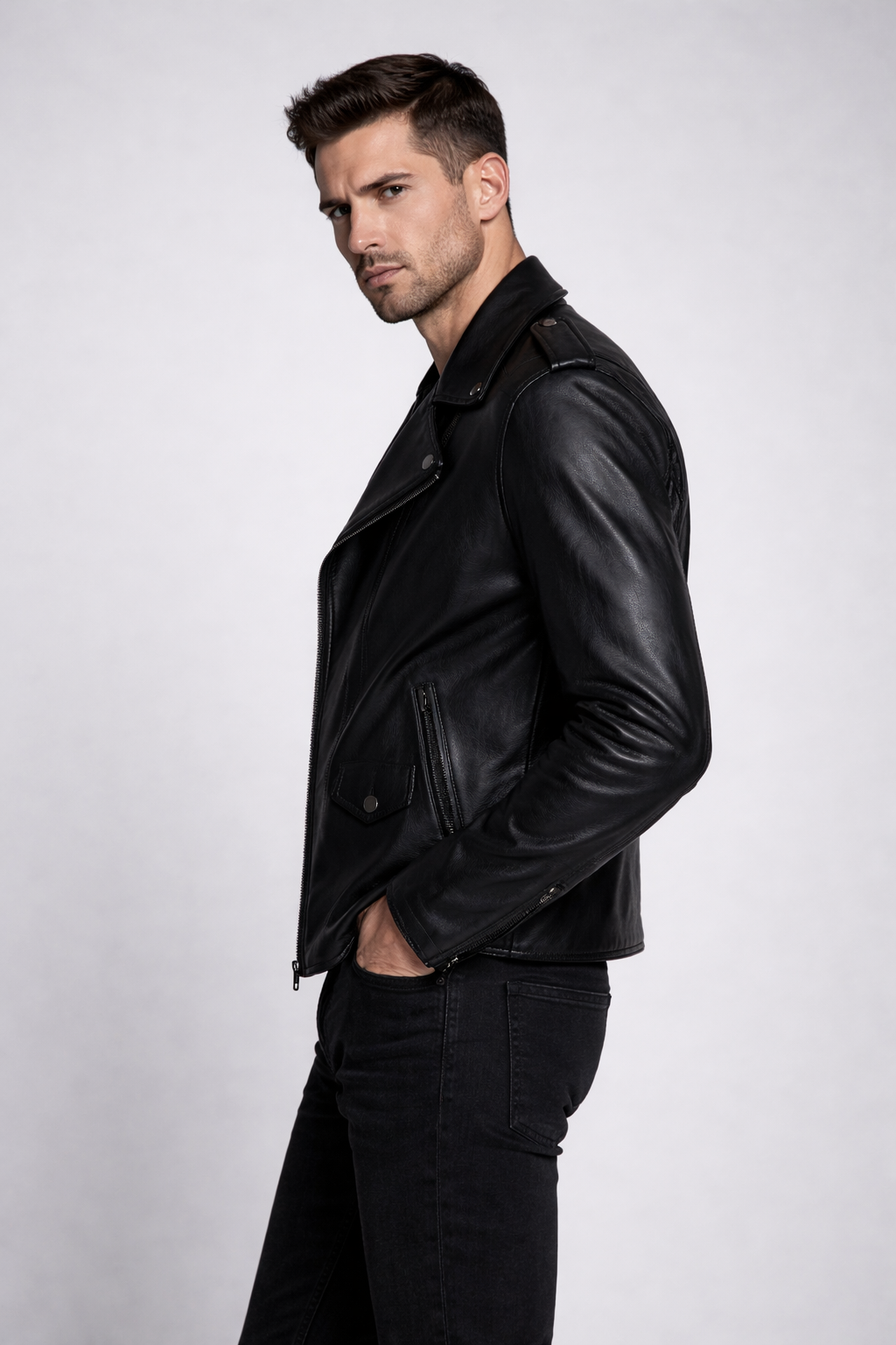 Men's Black Moto Racer Biker Leather Jacket - Left