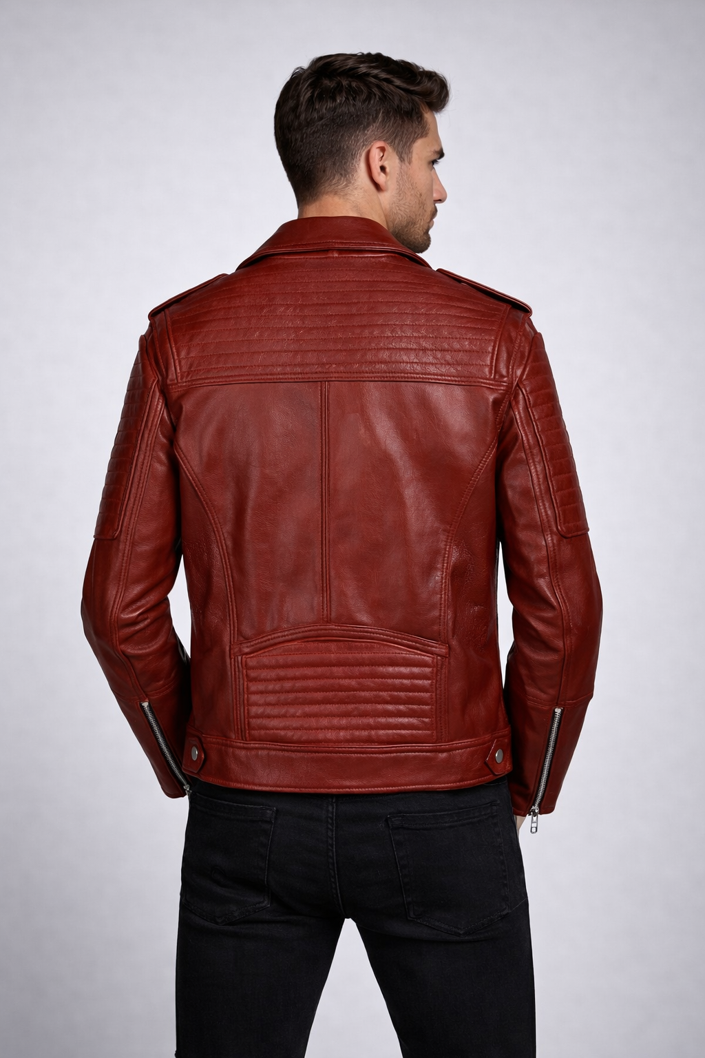 Men's Red Runway Biker Leather Jacket - Back