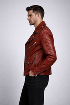 Men's Red Runway Biker Leather Jacket - Left