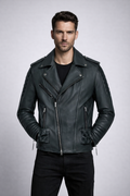 Men's Black Lambskin Leather Biker Jacket - Front