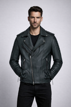 Men's Black Lambskin Leather Biker Jacket - Front