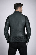 Men's Black Lambskin Leather Biker Jacket - Left