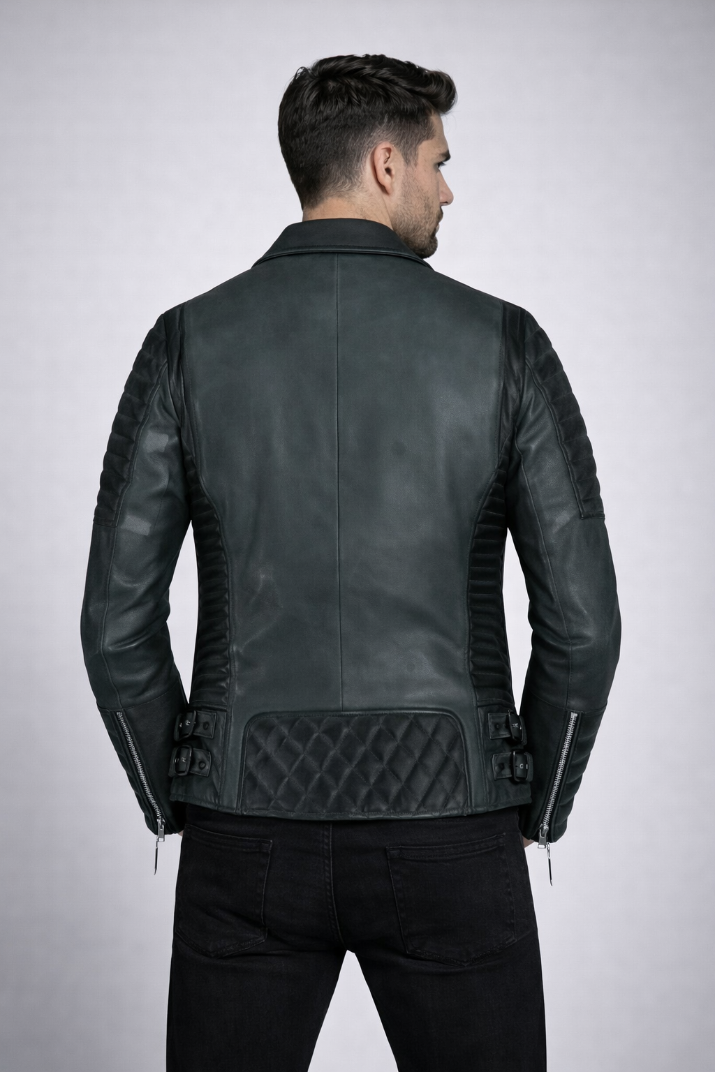 Men's Black Lambskin Leather Biker Jacket - Left