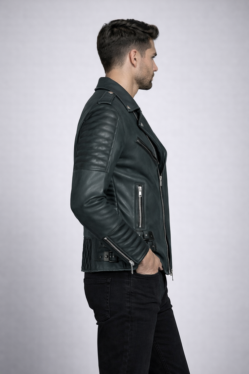Men's Black Lambskin Leather Biker Jacket - Back