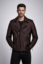 Men's Classic Wine Biker Leather Jacket - Front