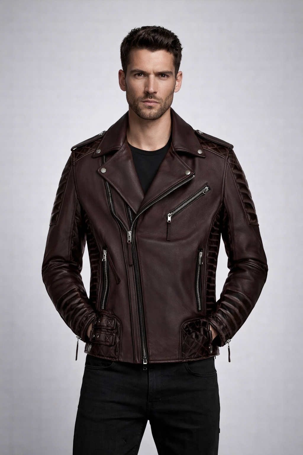 Men's Classic Wine Biker Leather Jacket - Front