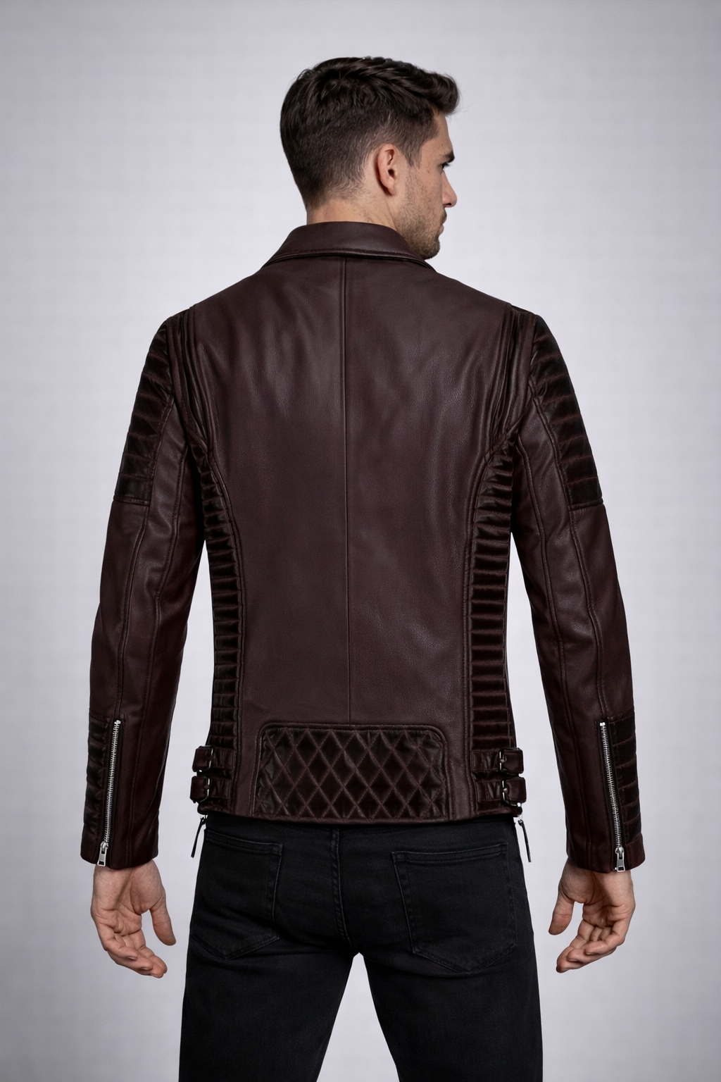 Men's Classic Wine Biker Leather Jacket - Back