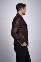 Men's Classic Wine Biker Leather Jacket - Left