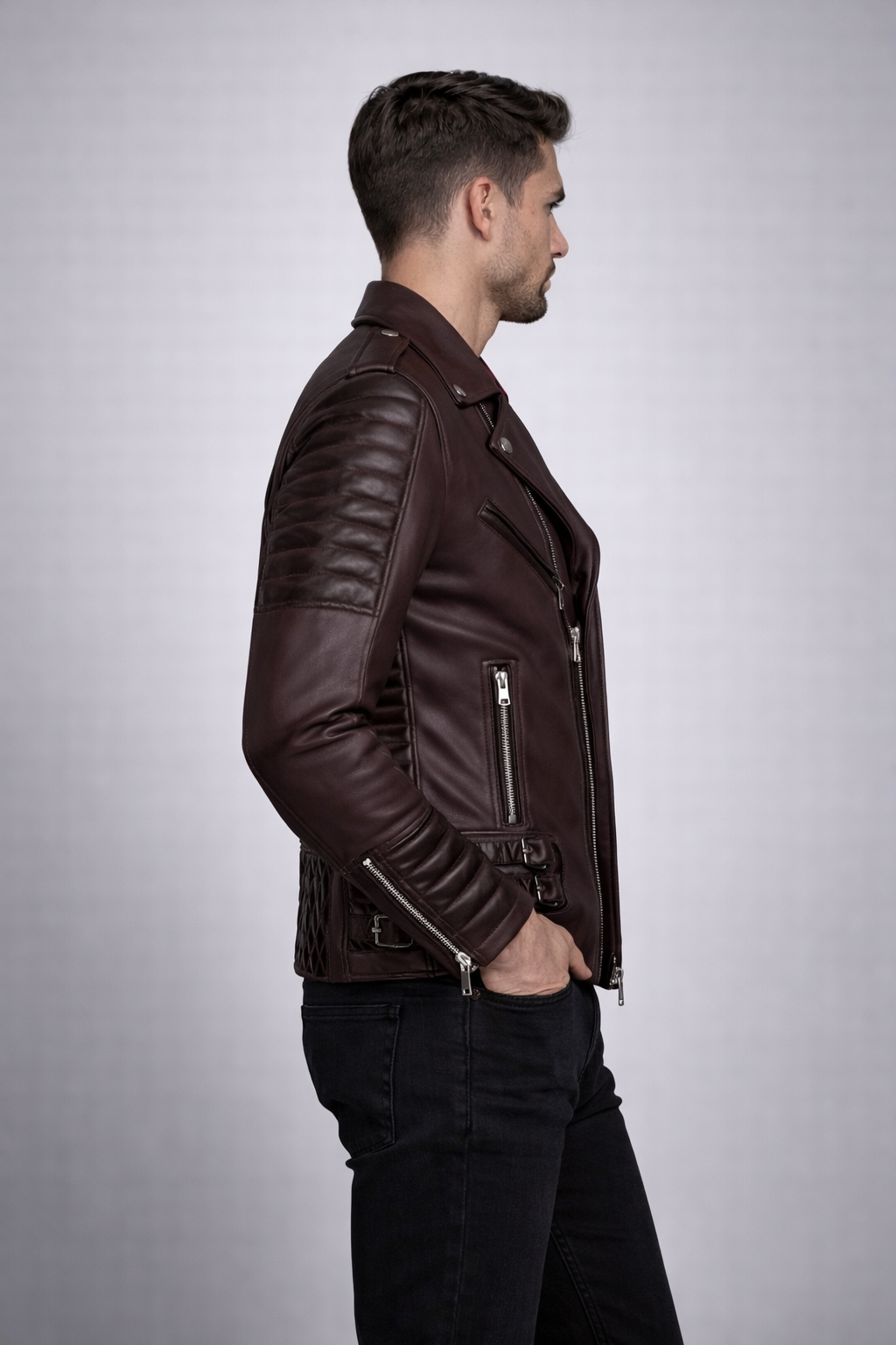 Men's Classic Wine Biker Leather Jacket - Left