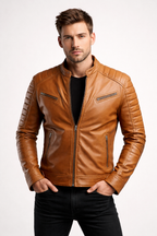 Men's Tan Leather Cafe Racer Jacket - Front