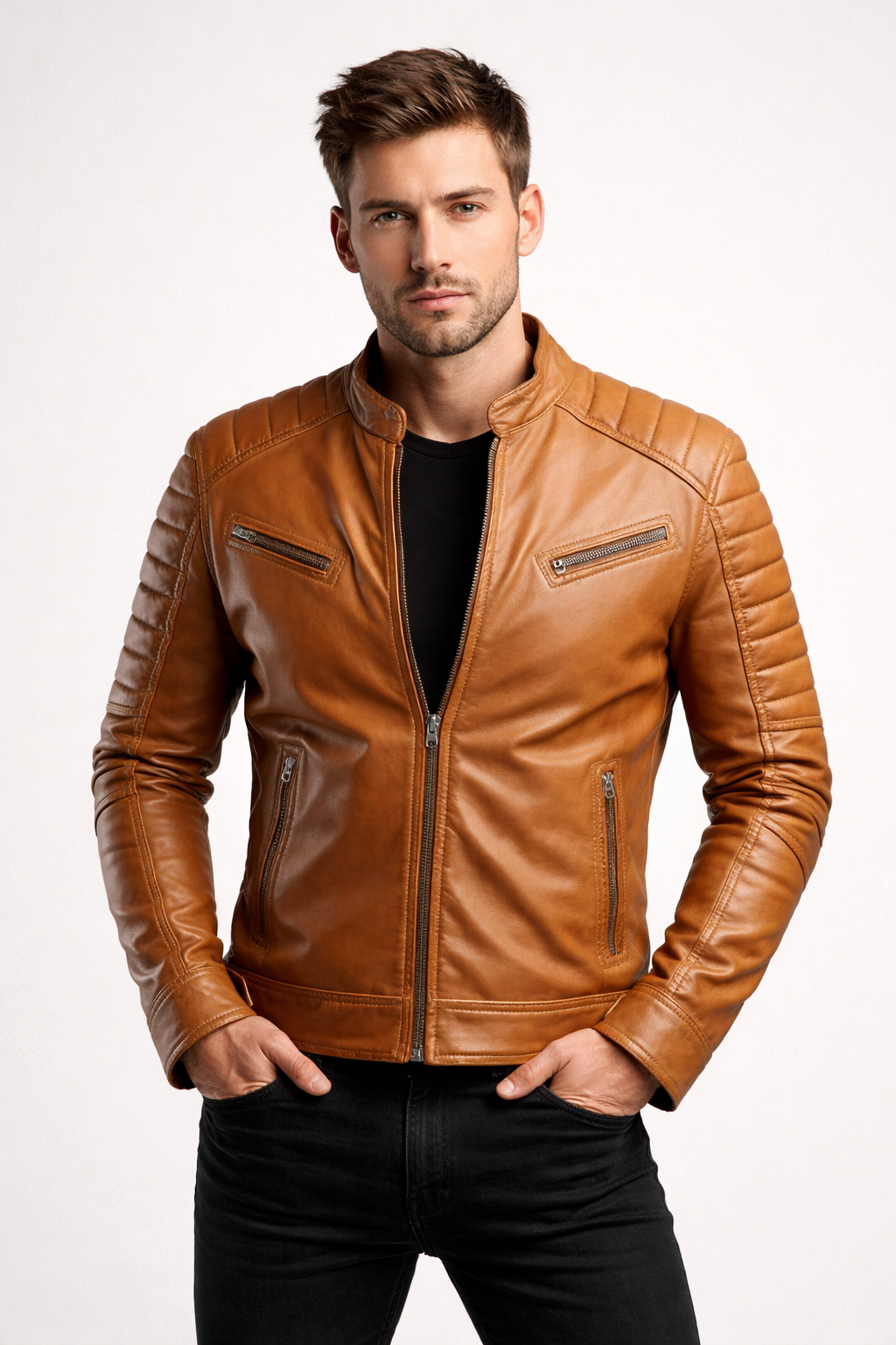 Men's Tan Leather Cafe Racer Jacket - Front