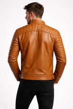 Men's Tan Leather Cafe Racer Jacket - Left