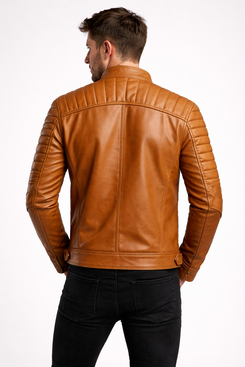 Men's Tan Leather Cafe Racer Jacket - Left