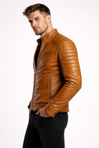Men's Tan Leather Cafe Racer Jacket - Back