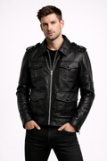 Men's Black Biker Zip-Up Leather Jacket - Front