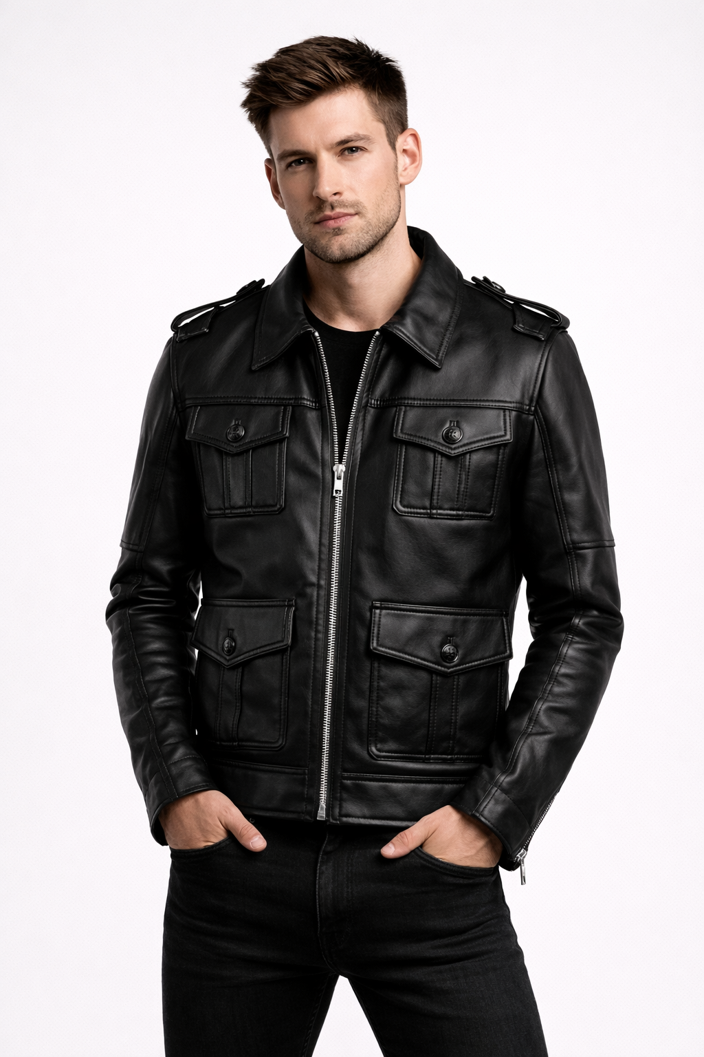Men's Black Biker Zip-Up Leather Jacket - Front
