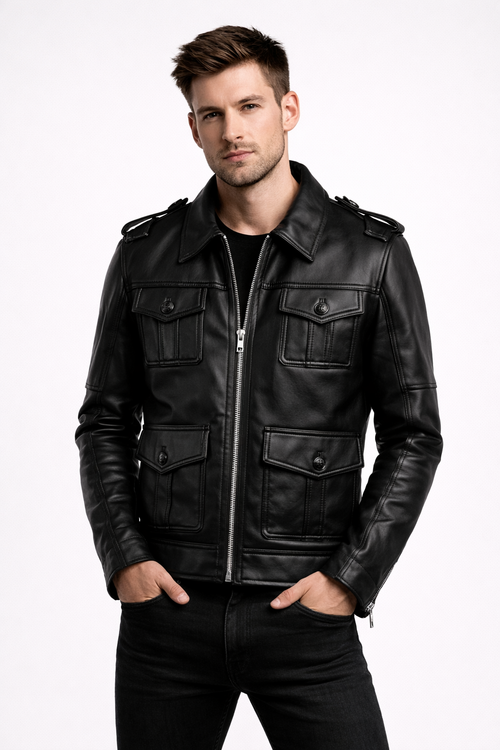 Men's Black Biker Zip-Up Leather Jacket - Front