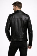 Men's Black Biker Zip-Up Leather Jacket - Back