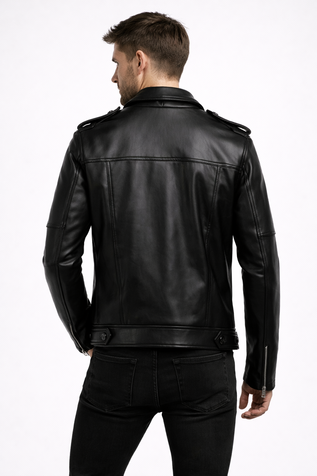 Men's Black Biker Zip-Up Leather Jacket - Back
