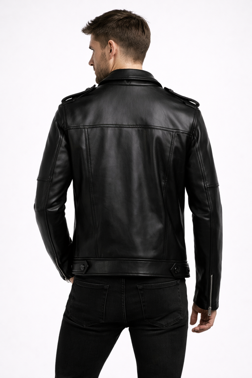 Men's Black Biker Zip-Up Leather Jacket - Back