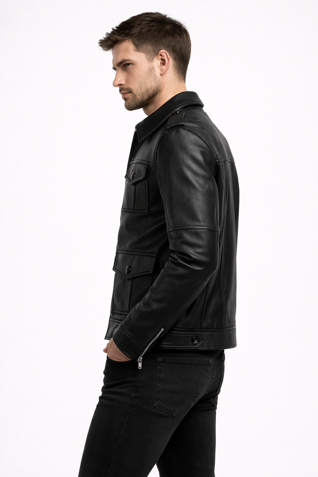 Men's Black Biker Zip-Up Leather Jacket - Left