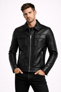 Men's Black Zip-Up Leather Jacket - Front