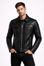 Men's Black Zip-Up Leather Jacket - Front