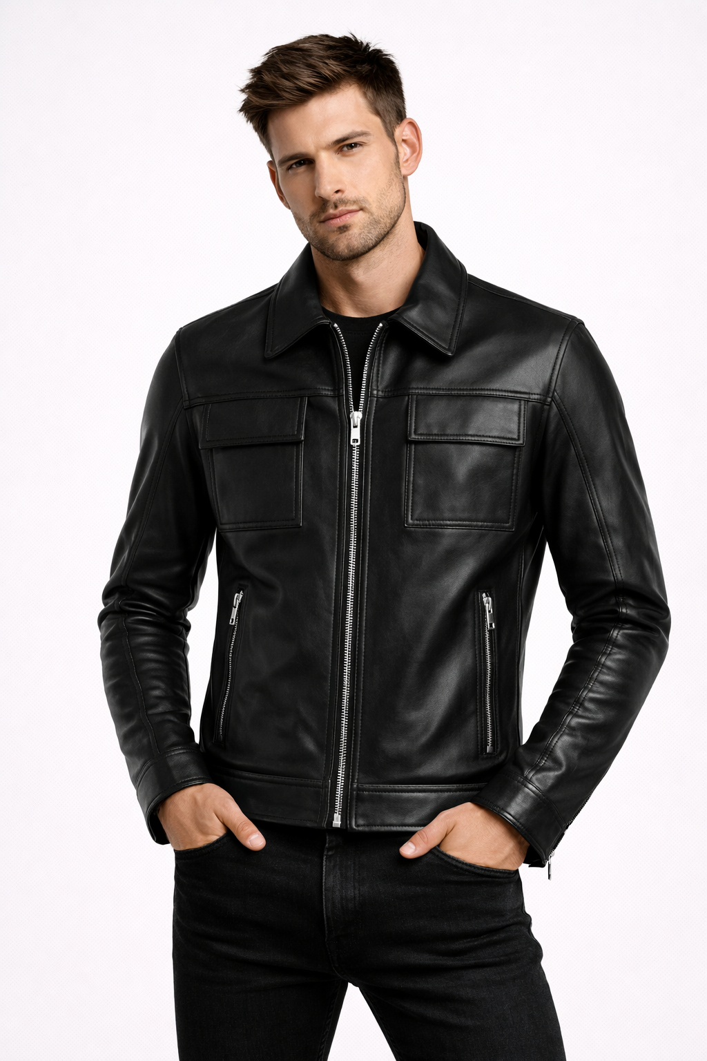 Men's Black Zip-Up Leather Jacket - Front