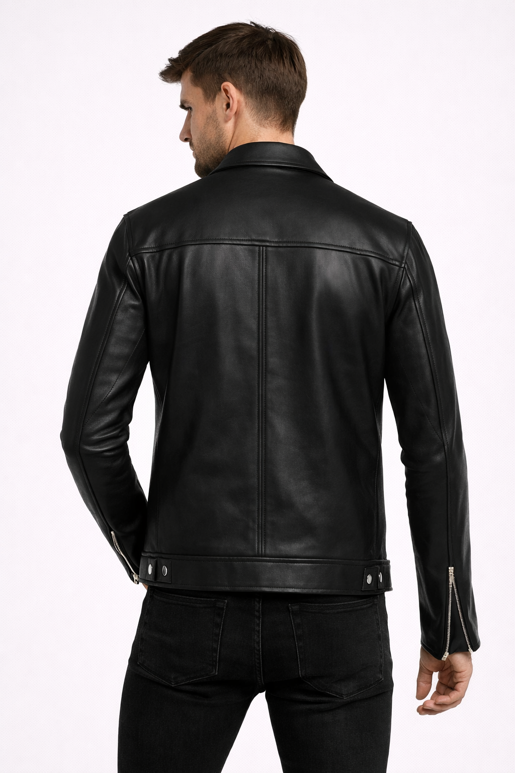 Men's Black Zip-Up Leather Jacket - Back
