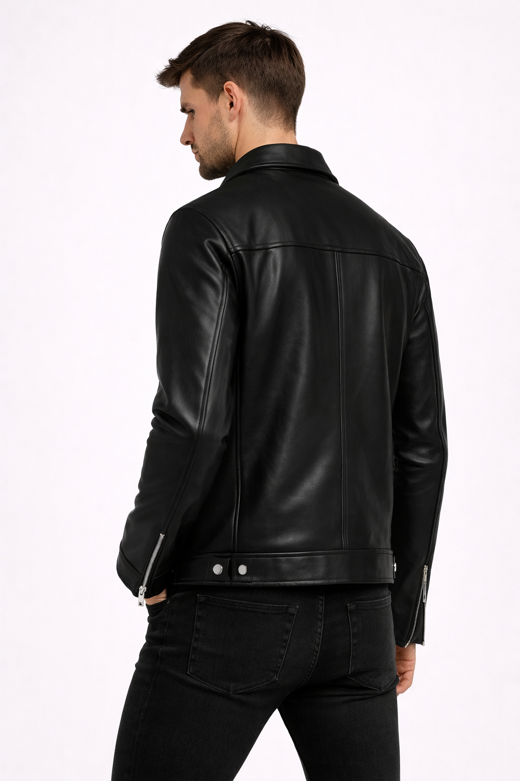 Men's Black Zip-Up Leather Jacket - Left