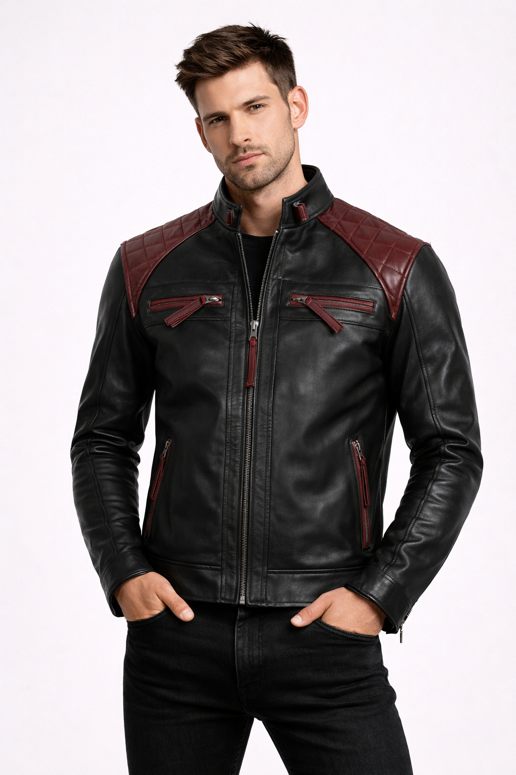 Men's Quilted Black Maroon Biker Leather Jacket - Front