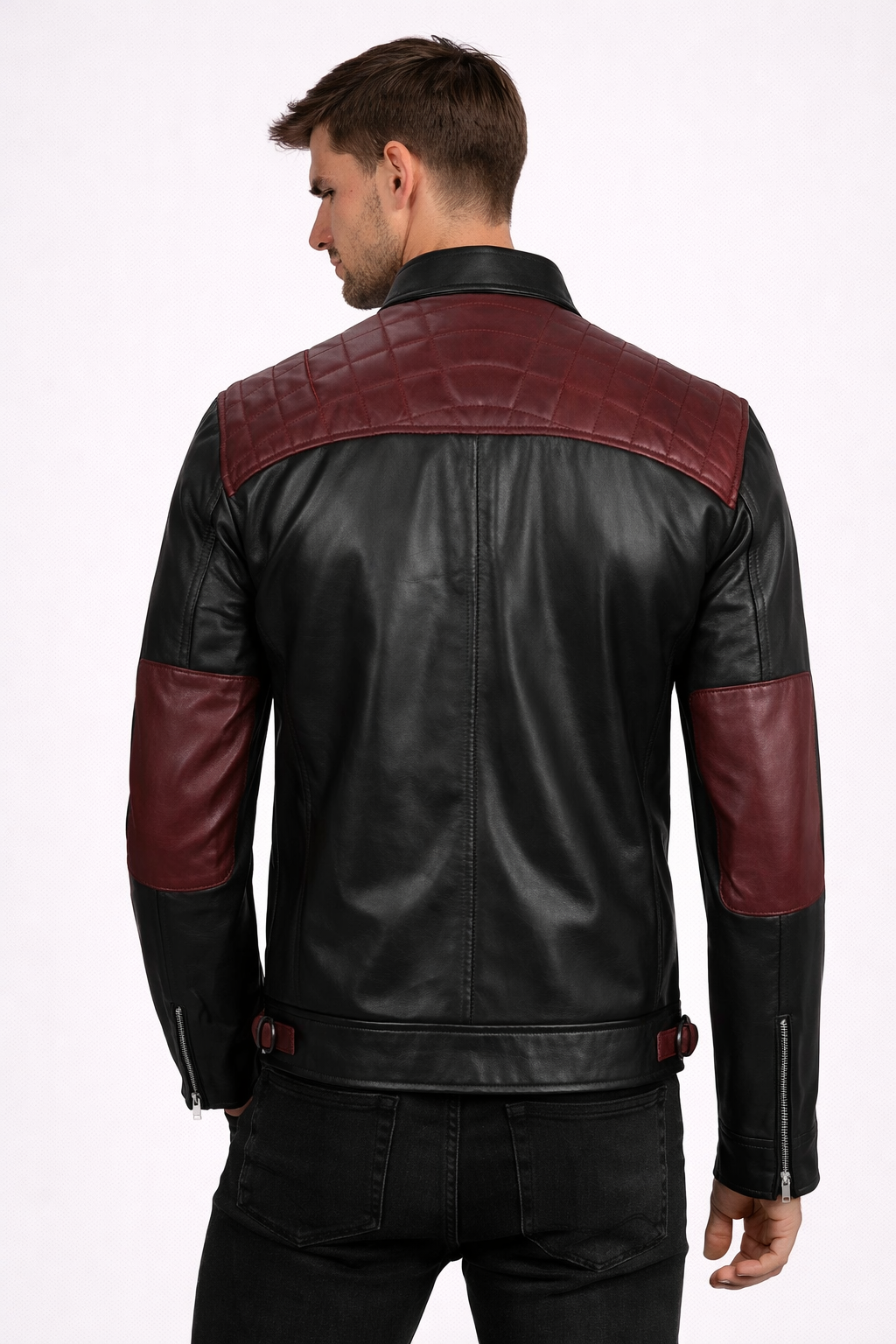 Men's Quilted Black Maroon Biker Leather Jacket - Back