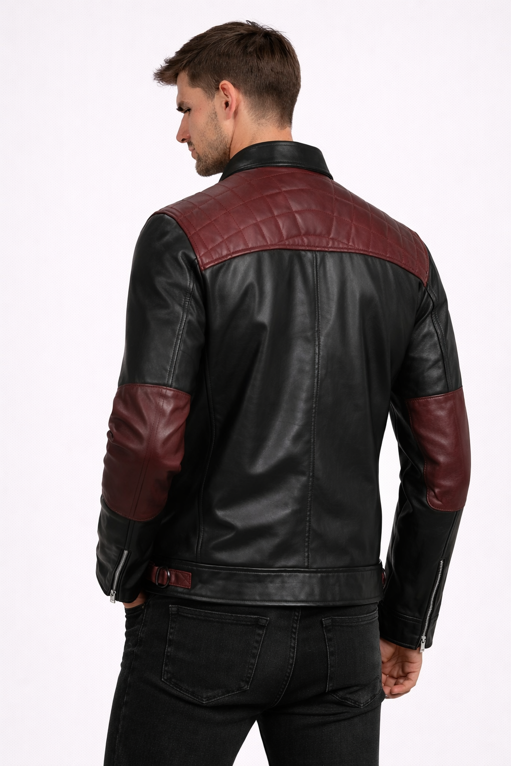 Men's Quilted Black Maroon Biker Leather Jacket - Left