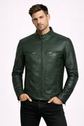 Men's Dark Green Cafe Racer Leather Jacket - Front