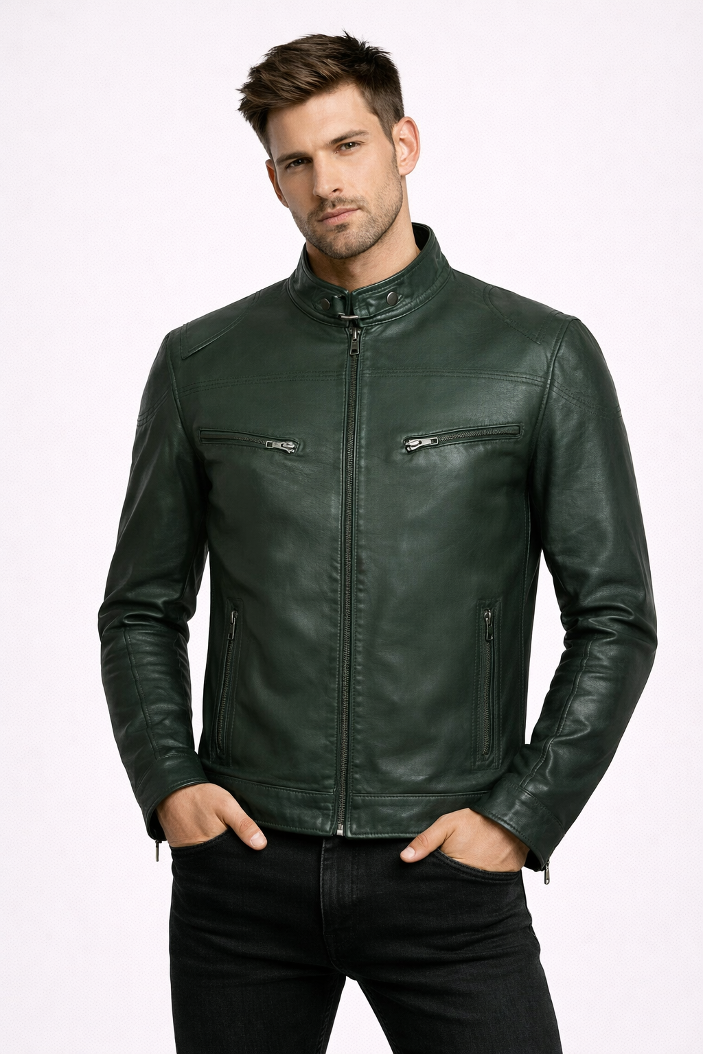Men's Dark Green Cafe Racer Leather Jacket - Front