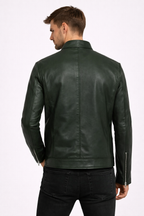 Men's Dark Green Cafe Racer Leather Jacket - Back